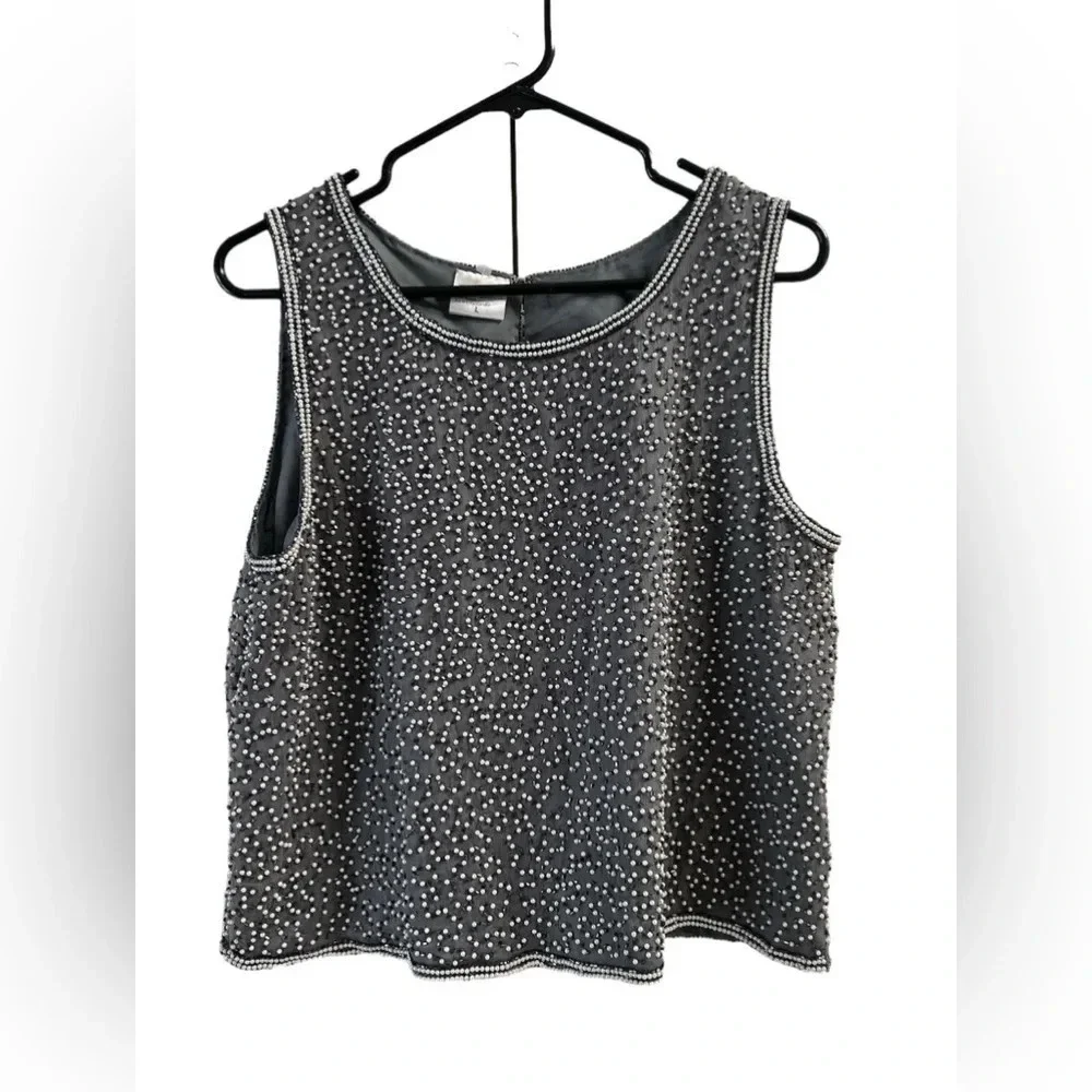 Silk grey beaded tank top blouse